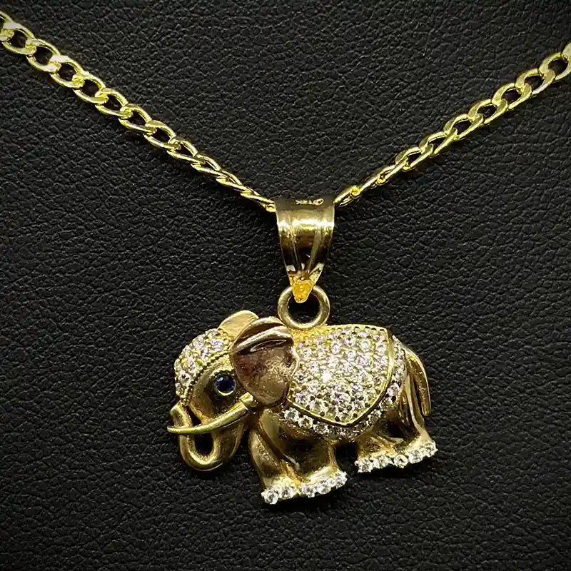 14K Yellow Gold Hollow Cuban Chain with Elephant Pendant