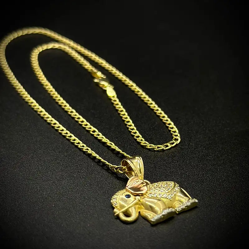 14K Yellow Gold Hollow Cuban Chain with Elephant Pendant