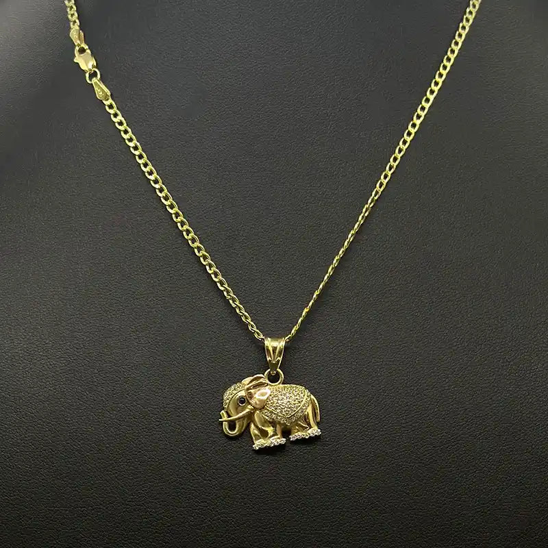 14K Yellow Gold Hollow Cuban Chain with Elephant Pendant