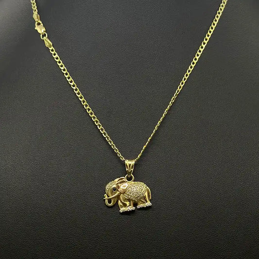 14K Yellow Gold Hollow Cuban Chain with Elephant Pendant