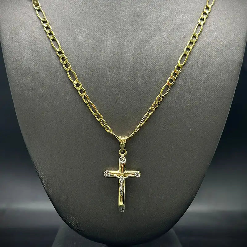 14K Yellow Gold Hollow Figaro Chain with Cross Pendant