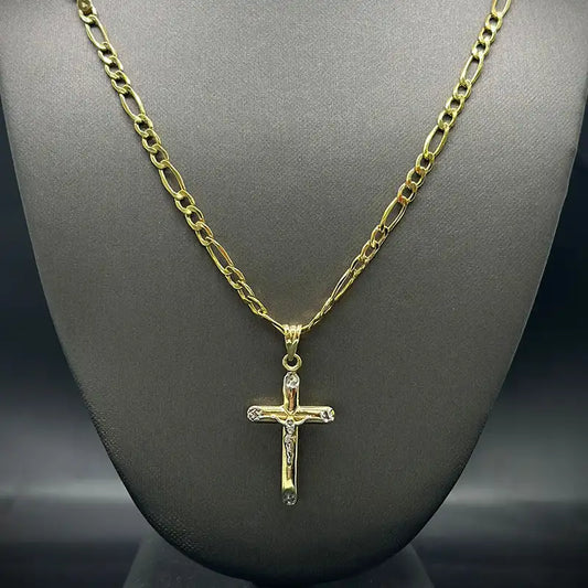 14K Yellow Gold Hollow Figaro Chain with Cross Pendant