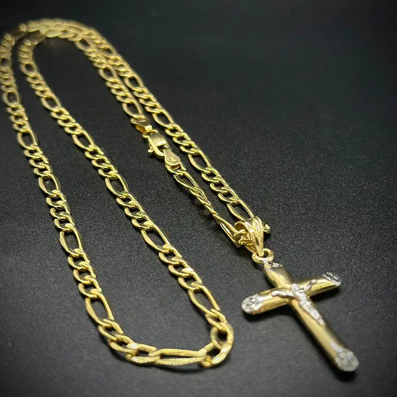 14K Yellow Gold Hollow Figaro Chain with Cross Pendant