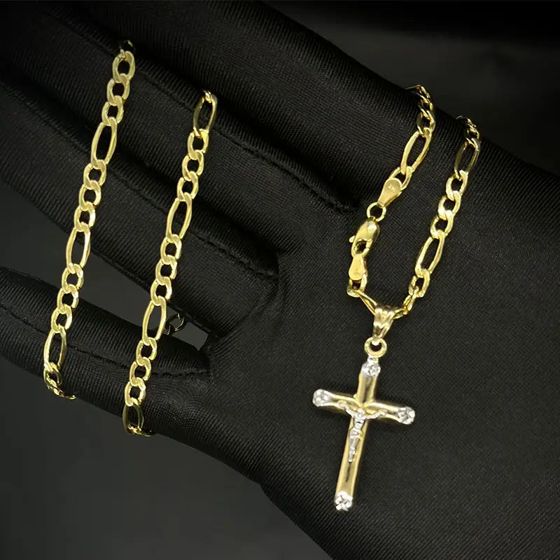 14K Yellow Gold Hollow Figaro Chain with Cross Pendant