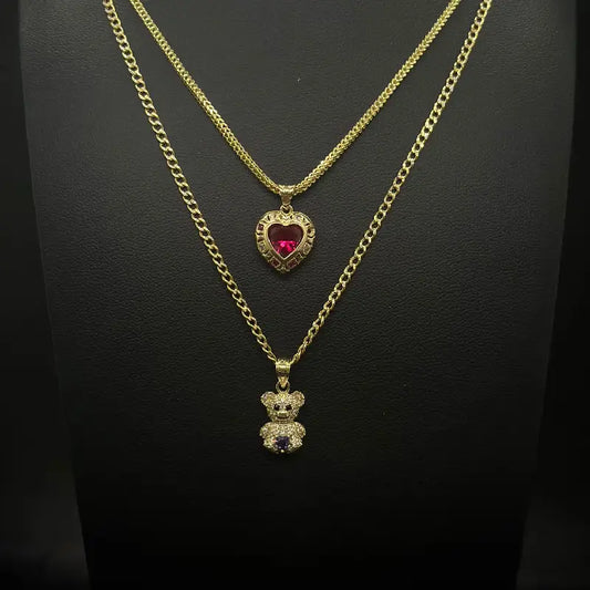 18" Cuban Chain with Teddy Bear Pendant + 16" Franco Chain with Heart Pendant Set